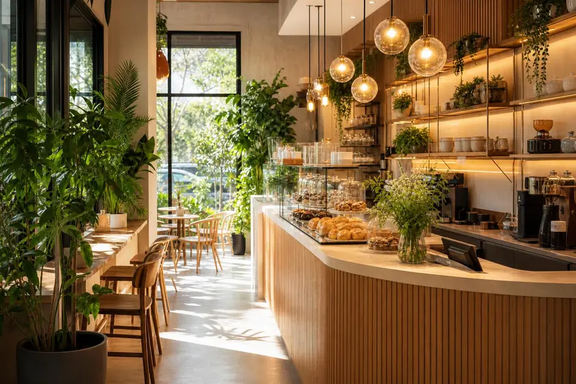 AI image: a bright café with plants and morning sun, landscape