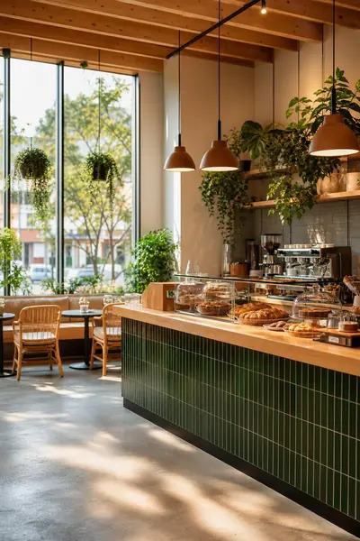 AI image: a bright café with plants and morning sun, portrait