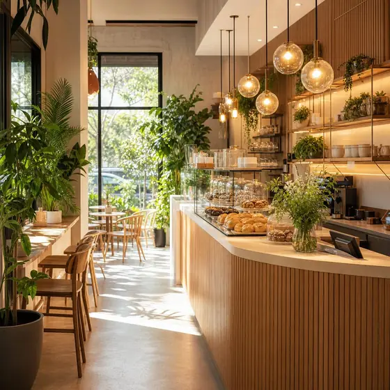 AI image: a bright café with plants and morning sun, square